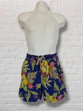 Polo Ralph Lauren Swim Trunks Mens Medium Blue Yellow Floral Hawaiian Mesh Lined